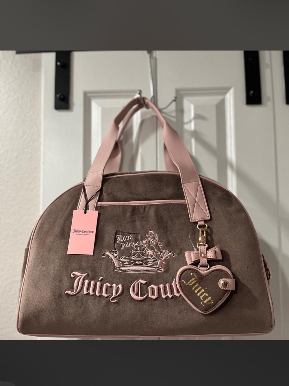 Juicy Couture Brown & Pink Heart Charm Travel Bag